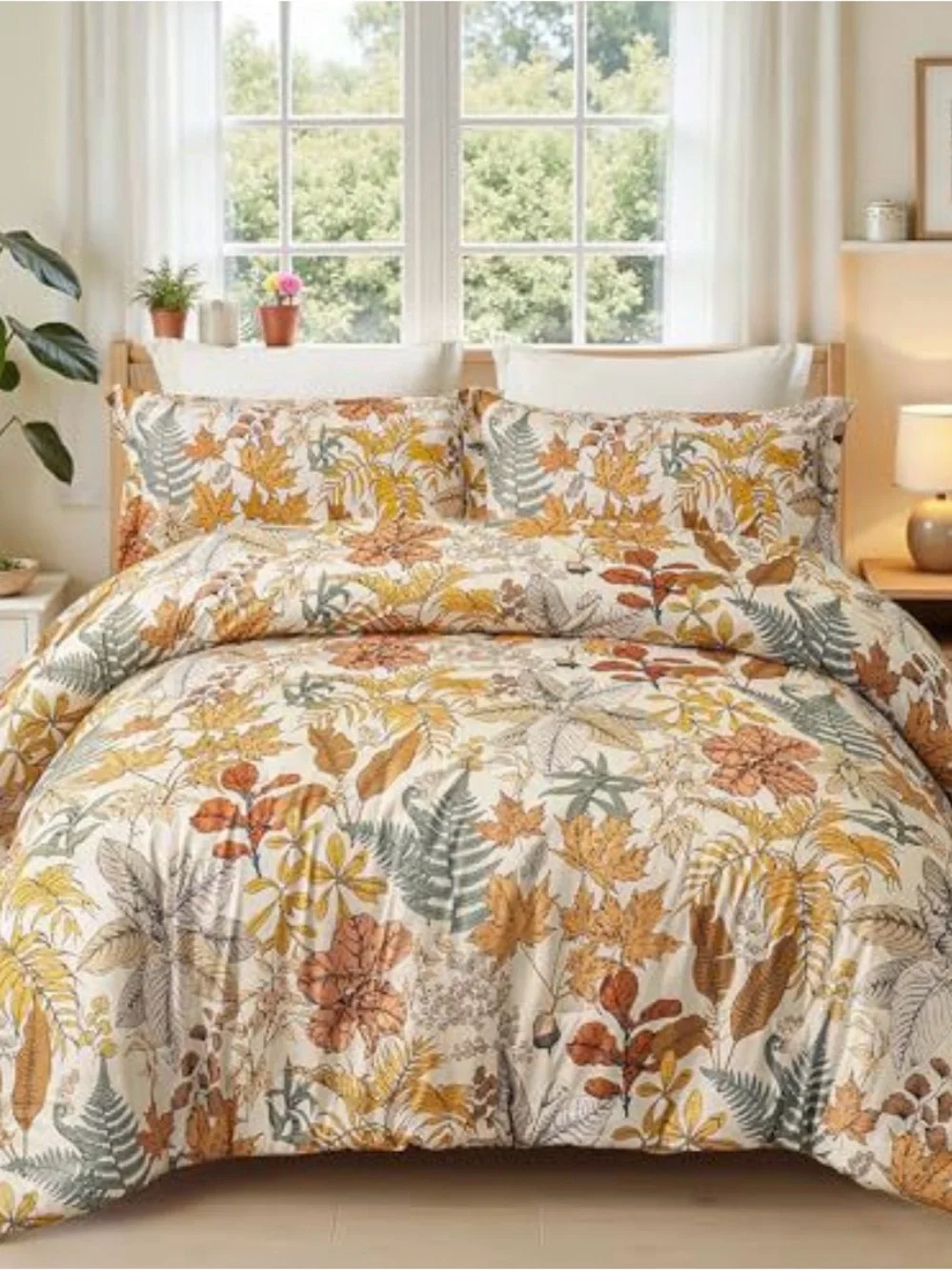 Floral Fern Print Comforter Set in Cream and Tan - Unbranded